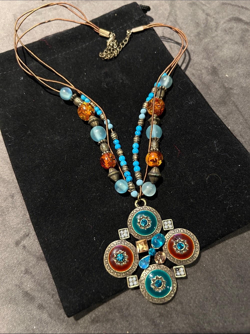 Bohemian Turquoise & Amber Pendant Necklace - Statement Women Jewelry